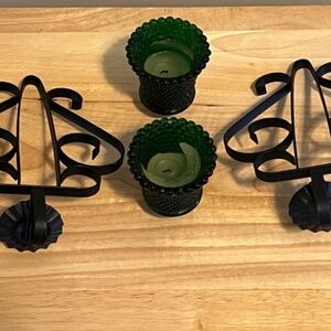 2 Wrought Iron Scroll Wall Candle Holders Green Button Votive Cups Decor